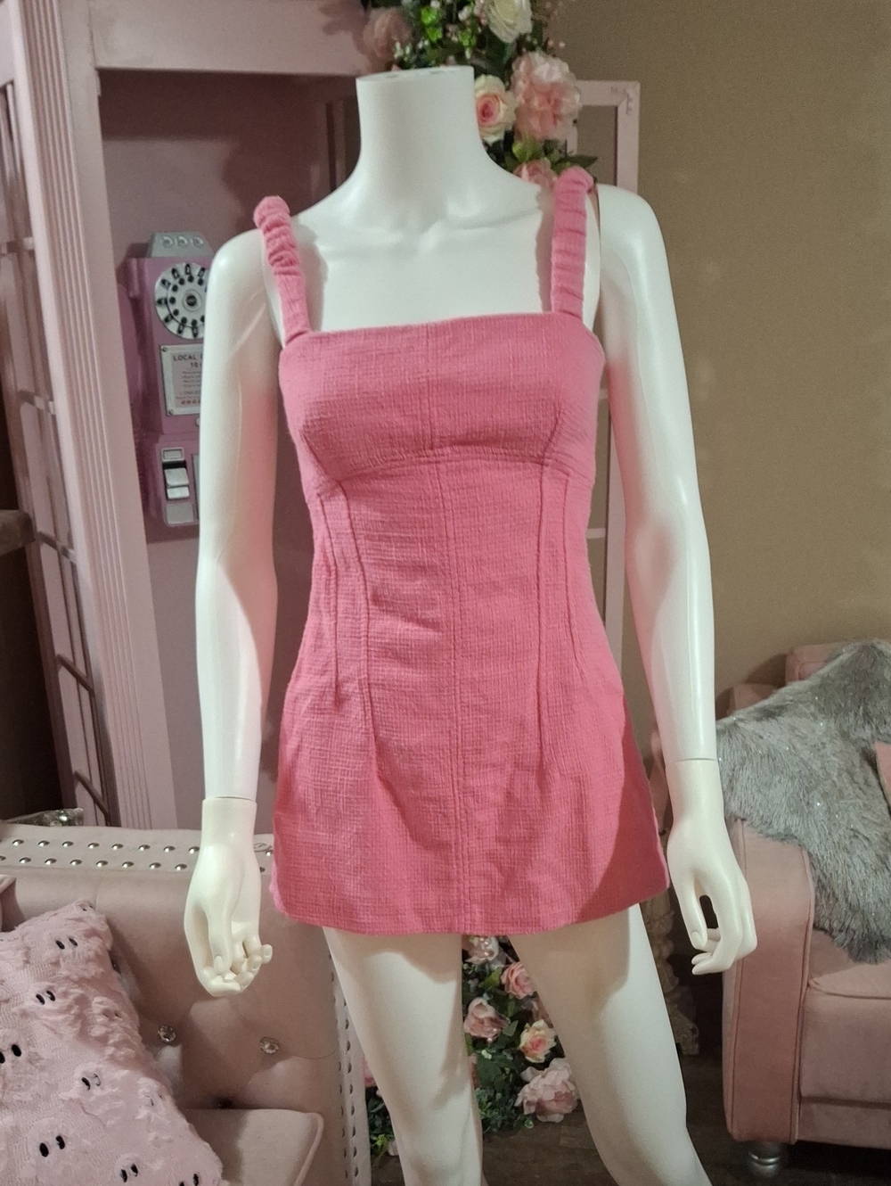 Bershka Pink Textured Skort Romper Ruched Straps Size S